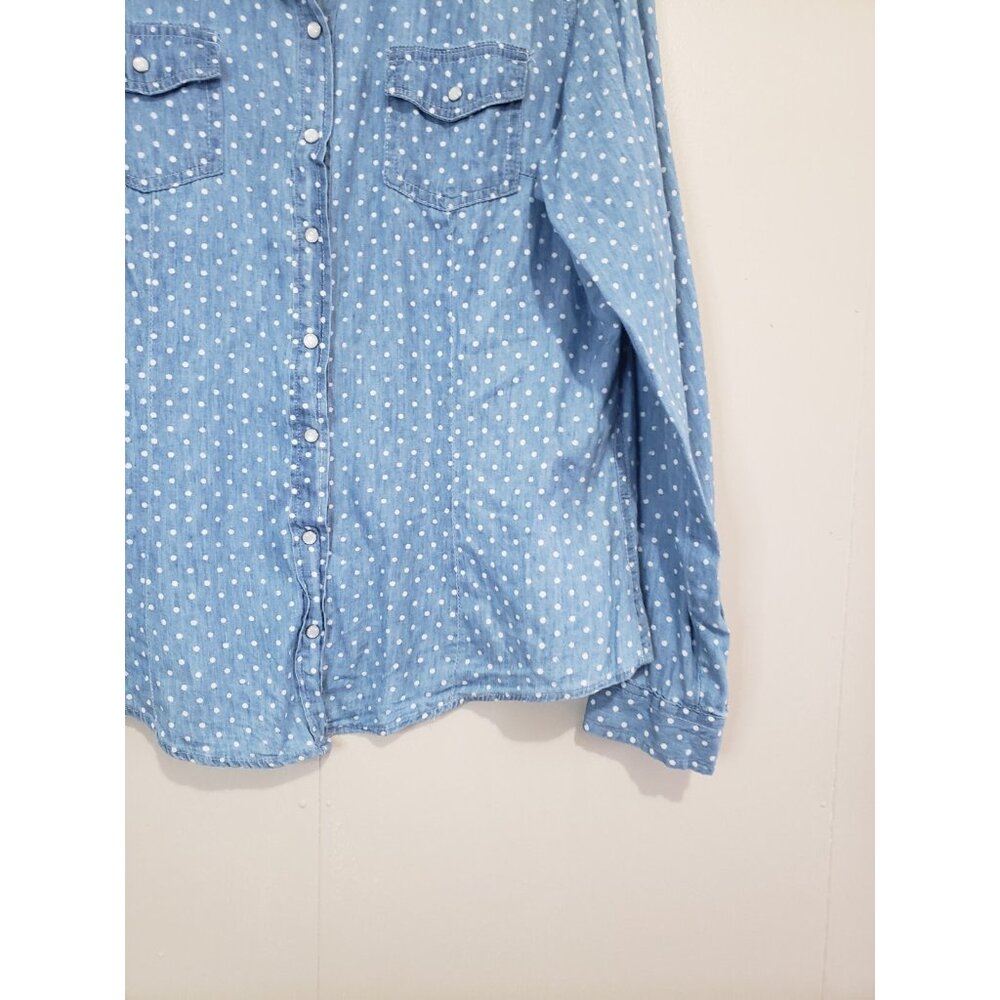 Wallflower Womens XL Blouse Pearl Snap Front Denim Chambray Polka Dot Western - Picture 4 of 6